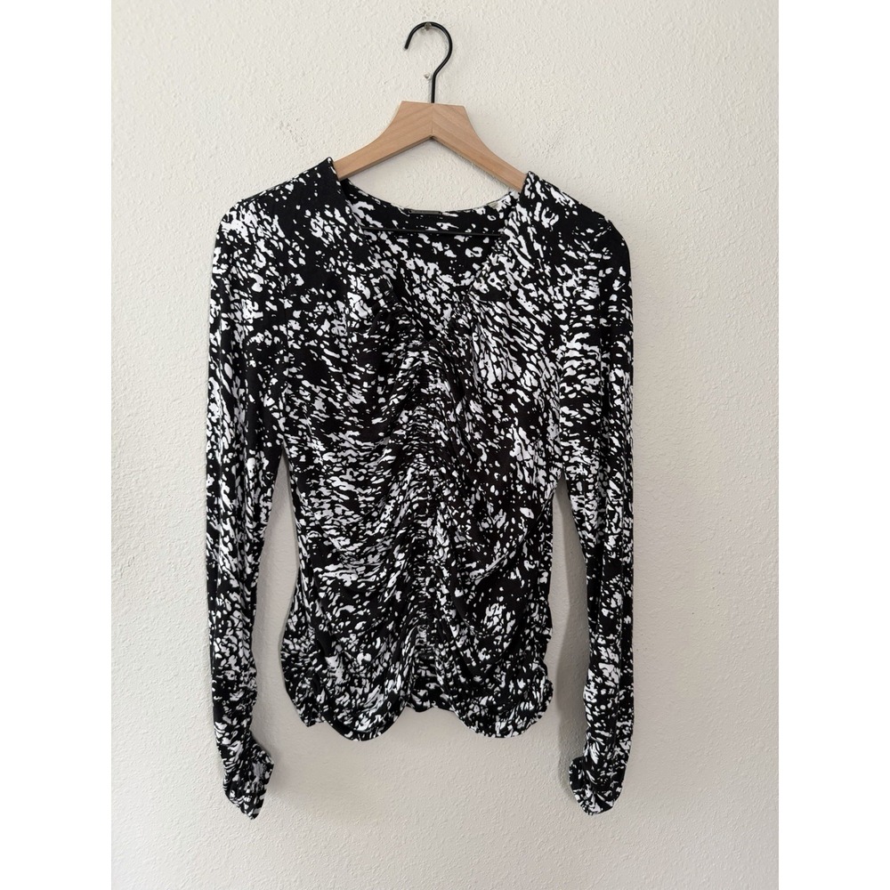 Elie Tahari Top Shirt Black White Viscose Ruched Shirred Front/Sleeves Art 90s M